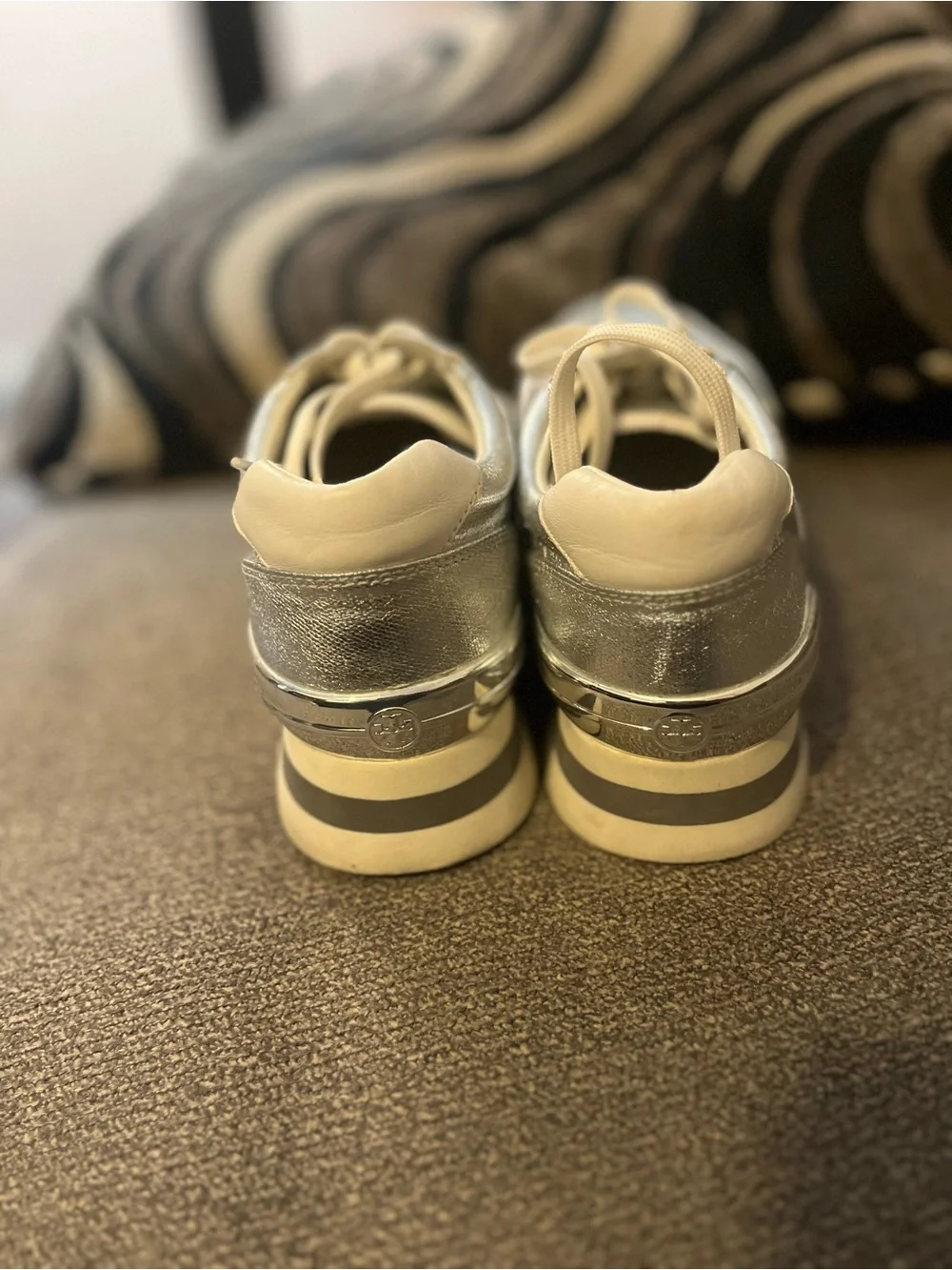 Tory Burch Silver Metallic Platform Lace-Up Sneakers